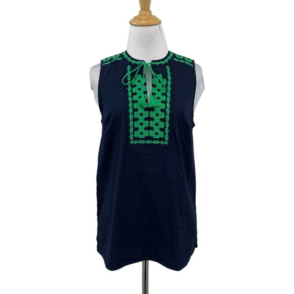 J Crew Tank Womens 0 Navy Green Embroidered Bib Tassel Keyhole Sleeveless Top - Picture 1 of 12
